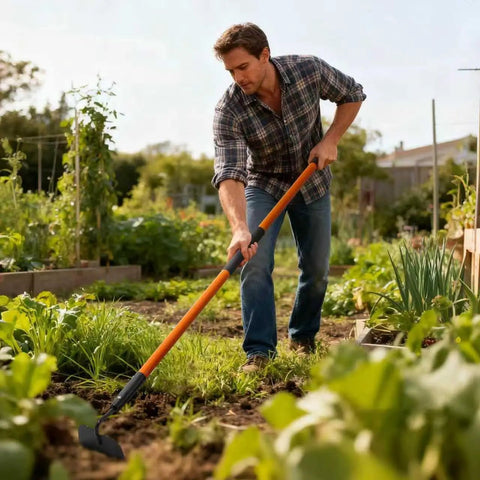Person using Beefy Heavy Duty Garden Hoe With 58 Inch Fiberglass Handle Long Reach Weeding Hoe 6.3 Inch Wide Blade garden tool