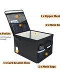 Fireproof File Box With Lock For 5200 Degree Fahrenheit Heat Safe Storage showing pockets, mesh bags, and card slots.