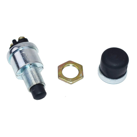 Momentary Push Button Start Switch With Neoprene Cap And Panel Mount Fits Five Eighth Inch Hole Screw Terminal Universal Black Beefed-Up Automotive Start Button For Cars Trucks And Jeeps, shown with nut and cap