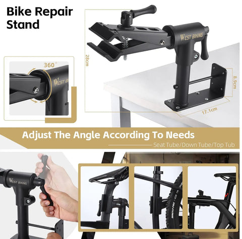 Heavy Duty Bike Repair Stand With Adjustable Clamp, Wall Or Bench Mount, Holds Up To 88 Lbs, Easy Maintenance for Road and Mountain Bikes mounted on bench