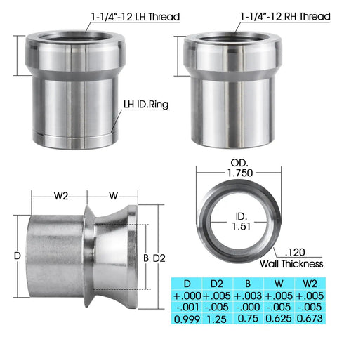 Heavy Duty 1.25 Inch Chromoly Rod End Heim Joint Kit with Left and Right Hand Threads, detailed measurements included.