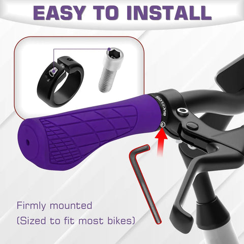 Close-up of purple Single Lock-On Mountain Bike Grips, Ergonomic Anti-Slip Handlebar Rubber Grips for installation with wrench, lock ring, and bolt