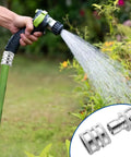 Must Have Heavy Duty Quick Connect Hose Fittings Three Quarter Inch GHT Garden Hose Set Stainless Steel Water Fittings Two Pack Corrosion Resistant Weatherproof For Easy Leak Free Connections in use with garden hose nozzle spraying water on plants