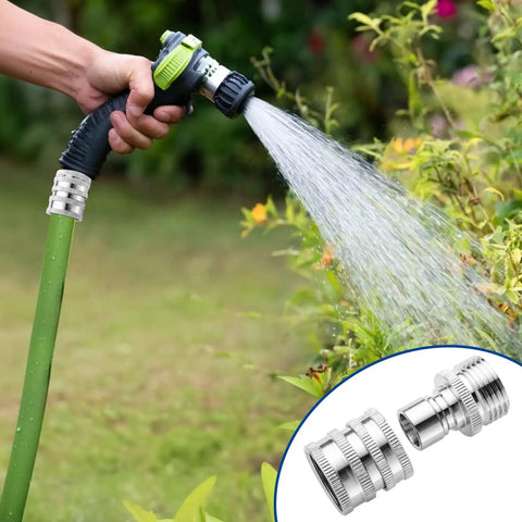 Must Have Heavy Duty Quick Connect Hose Fittings Three Quarter Inch GHT Garden Hose Set Stainless Steel Water Fittings Two Pack Corrosion Resistant Weatherproof For Easy Leak Free Connections in use with garden hose nozzle spraying water on plants
