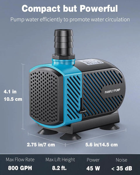 Dope 800 GPH Submersible Aquarium Pump with 45W Motor, compact size, blue with black details, side view showing dimensions.