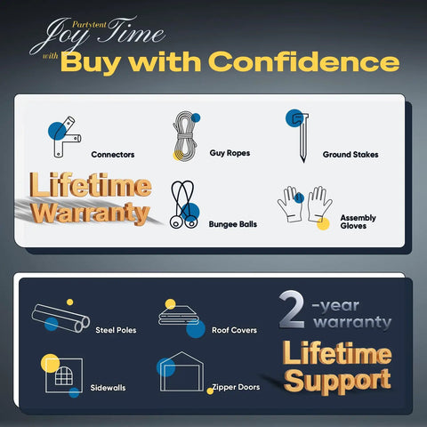 Graphic showing Joytime Party Tent components and accessories with lifetime warranty and 2-year warranty text.