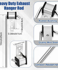 Dimensions and features of a 10-inch heavy duty exhaust hanger rod made of quality mild steel with rubber bushings.
