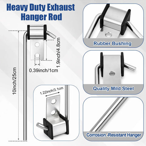 Dimensions and features of a 10-inch heavy duty exhaust hanger rod made of quality mild steel with rubber bushings.