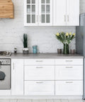 Modern kitchen with white cabinets featuring Brushed Nickel Cabinet Handles Set Of 10 Square Pulls 4-1/2 Inch Center To Center.