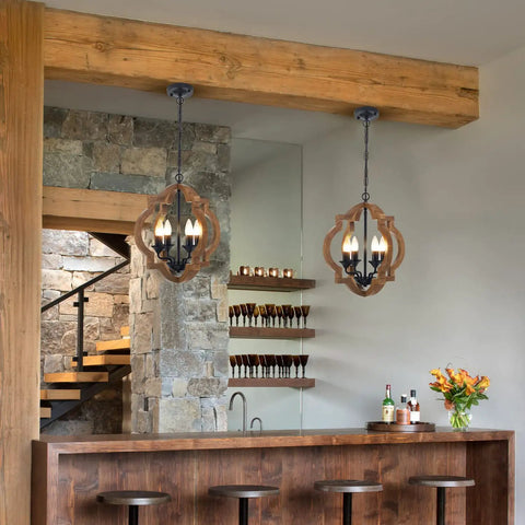 4-Light Farmhouse Wood Chandelier With Adjustable Hanging Chain, Rustic Vintage Pendant Lighting For Living Room Dining Room Kitchen Island Foyer Entryway 15.4 Inch Cozy Rustic Vibe