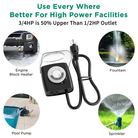 Rock Solid Outdoor Timer Outlet Built Tough For Pool Pumps And Engine Blocks Heavy Duty Waterproof Plug with timer layout for irrigation and pumps.