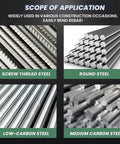 Scope of application showcasing various steel types used with the Heavy Duty VgtHK 1100W Electric Hydraulic Rebar Bender.