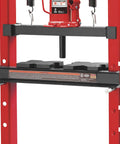 12-Ton Hydraulic Shop Press With Heavy-Duty H-Frame All-Steel Construction displaying front view with springs and red finish