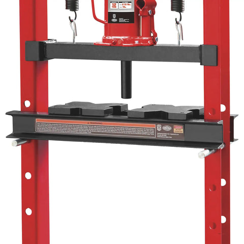 12-Ton Hydraulic Shop Press With Heavy-Duty H-Frame All-Steel Construction displaying front view with springs and red finish