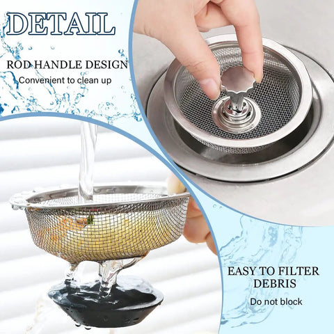 Universal 3.3 Inch Stainless Steel Kitchen Sink Strainer With Handle And Stopper Durable Drain Basket Mesh Filter Fits Most Sinks No Fuss Install Silver Replacement shown in detail with water flowing through mesh capturing debris