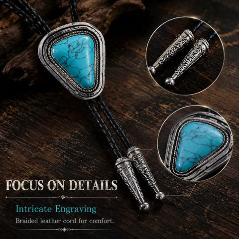 Hand Braided From Premium Genuine Leather This Adjustable Turquoise Bolo Tie features intricate silver engraving and braided leather.