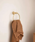 Weymouth Brushed Gold Bathroom Towel Ring With Towel Displayed On Wall For Hand Towels Concealed Mount Everyday Luxury Finish