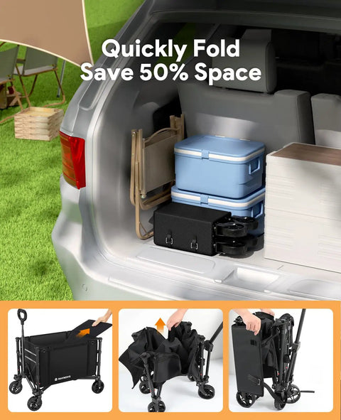 3 In 1 Collapsible Wagon That Converts To Bench, 220Lb Foldable Wagon Cart With Wheels shown folded in a car trunk