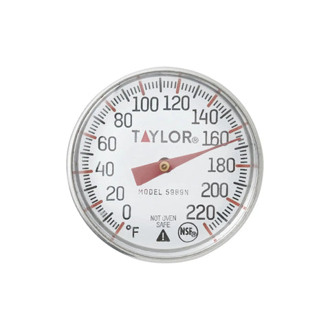 Instant Read Analog Meat Thermometer For Grill And Kitchen Durable Stainless Steel 1 Inch Dial Red Pocket Calibration Sleeve Easy Calibrate NSF Approved Grillin Ready For BBQ And Home Cooking, showing 0-220°F