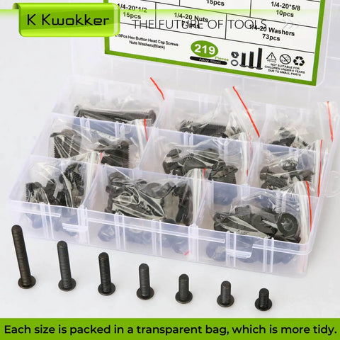 Complete 1/4-20 Bolt And Nut Set With Washers In Black, 219 Pieces, storage case with bolts, nuts, washers visible