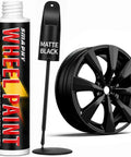 Matte Black Rim Touch Up Paint Pen Quick Cure For Curb Rash And Scuffed Wheels Auto Alloy Scratch Fix next to a matte black alloy wheel.