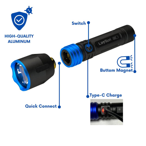 3 In 1 Quick Connect Rechargeable LED Work Light Kit With Magnetic Base and USB-C Charge, black aluminum material details