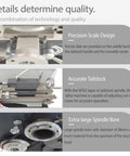 Jaryannix 900W Mini Bench Lathe 8x16 Inch showing precision scale design, accurate tailstock, and extra-large spindle bore.