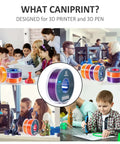 Silk Tri Color PLA Filament For 3D Printers 1.75mm Blue Purple Black spools displayed in a classroom setting with children and adults.
