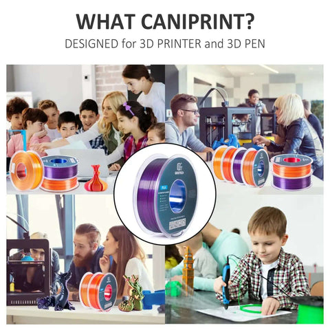 Silk Tri Color PLA Filament For 3D Printers 1.75mm Blue Purple Black spools displayed in a classroom setting with children and adults.