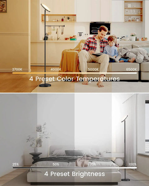 Lit 36W LED Floor Lamp With 3000LM Output in living room and bedroom showing four color temperatures and brightness levels.