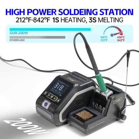 Pro Grade 200W Digital Soldering Station Kit With Three F210 And Six F245 Tips on display showing temperature settings