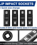 5-Piece 1/2 Inch Drive Impact Socket Set With 3 Inch Extension Bar, Cr-Mo Steel Lug Nut And Wheel Sockets, Includes 4 Flip Sockets Covering 6 Metric And SAE Sizes For Tough Auto Work showing 8 SAE and metric sizes in 4 flip sockets, laser-etched markings, and round corner opening