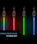 Front view of four Nite Ize Radiant rechargeable LED glow sticks (Disc-O Select) in white, red, green and blue with carabiner clips