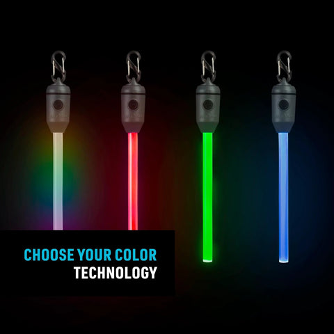 Front view of four Nite Ize Radiant rechargeable LED glow sticks (Disc-O Select) in white, red, green and blue with carabiner clips