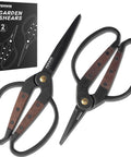 Two Pack Walnut Grip Pruning Scissors For Gardening Dual Grip Floral Shears shown with packaging and walnut handles