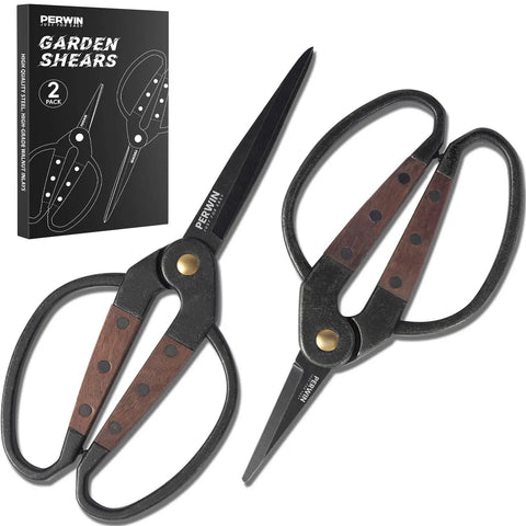 Two Pack Walnut Grip Pruning Scissors For Gardening Dual Grip Floral Shears shown with packaging and walnut handles