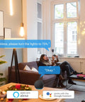 Cozy living room with voice-controlled lighting, showcasing Z Wave Outlet Dimmer 2 Pack With 800 Series LR Plug Extender, S2 Z Wave Device That Requires Hub.