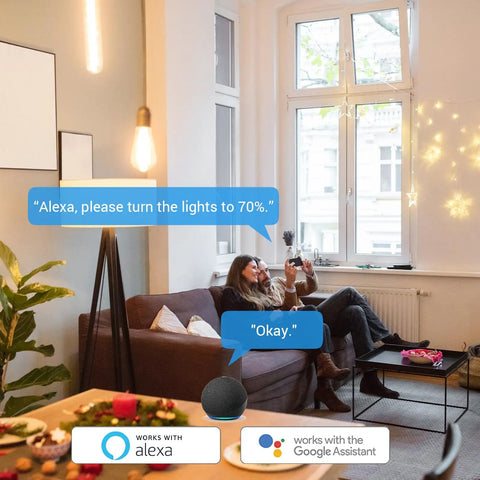 Cozy living room with voice-controlled lighting, showcasing Z Wave Outlet Dimmer 2 Pack With 800 Series LR Plug Extender, S2 Z Wave Device That Requires Hub.