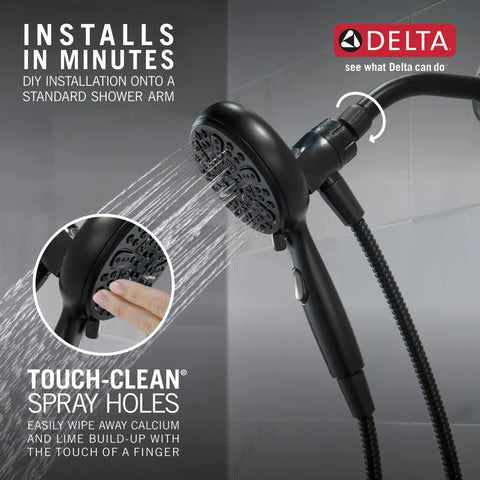 6 Spray SureDock Magnetic Shower Head With Handheld, Matte Black Finish, Hose Included, MagnaTite Docking, spraying water