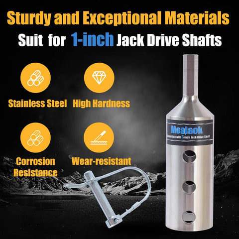 Heavy Duty Trailer Jack Drill Adapter Fits One Inch Top Wind Shafts Rustproof Stainless Steel Construction, showcasing its wear-resistant features.