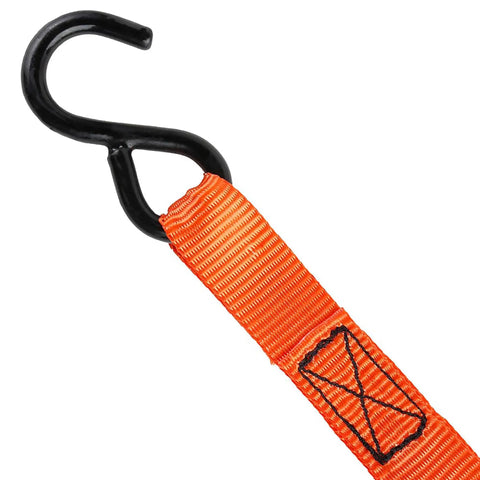 Top Shelf Ratchet Tie Down Straps 1 Inch By 10 Feet 4 Pack with black vinyl hook and orange strap close-up.