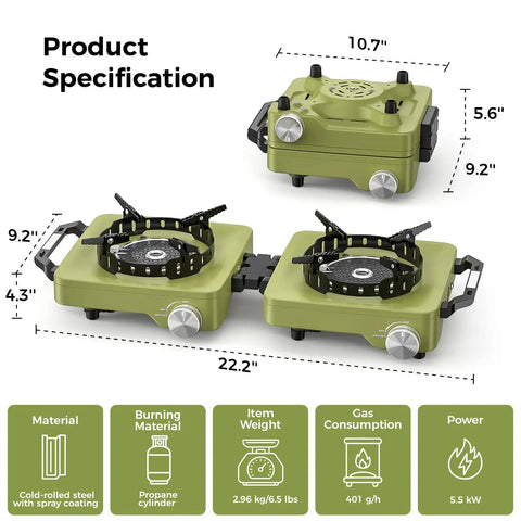 Propane Camping Stove 2 Burner Hybrid Infrared And Open Flame 36,000 BTU Windproof Folding Portable Outdoor Gas Cooker dimensions