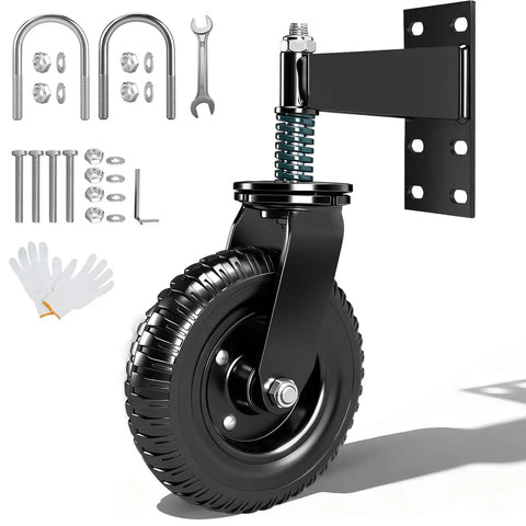 8-Inch Heavy-Duty Gate Wheel With 600 Lb Capacity, Spring-Loaded Caster, mounting hardware, gloves, and wrench