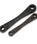 Two Piece X6 Four In One Black Oxide Spline Ratcheting Metric Wrench Set on white background, showing durable steel and smooth grip.