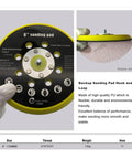 Super Durable 6 Inch Sanding Pad With Dust Free Vent Holes And M8 Thread For Fast Disc Swapping On Random Orbit Sanders, showing pad design and features.