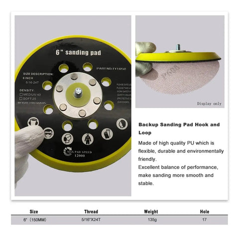 Super Durable 6 Inch Sanding Pad With Dust Free Vent Holes And M8 Thread For Fast Disc Swapping On Random Orbit Sanders, showing pad design and features.