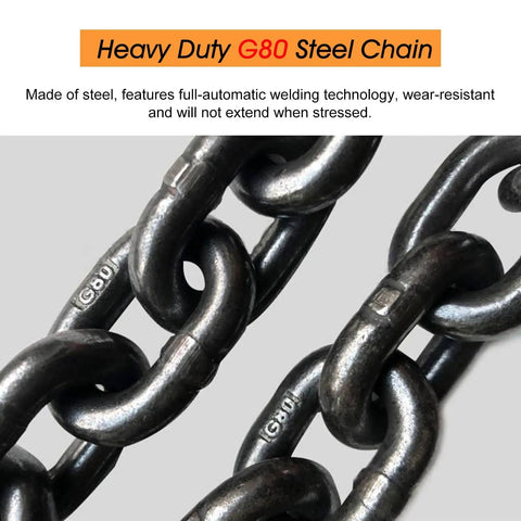 Close-up of Heavy Duty G80 steel chain links showcasing rust-resistant material for the Rock Solid Single Leg Chain Sling.