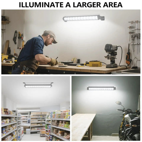 Crazy Bright 24W LED Shop Lights 5400 Lumens 6000K Daylight White installed in workshop, store, and garage settings