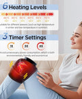 Woman using Cordless Knee Massager With Heat And Battery Pack, showing 6 heating levels and 3 timer settings display.