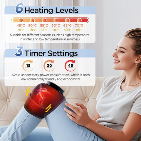 Woman using Cordless Knee Massager With Heat And Battery Pack, showing 6 heating levels and 3 timer settings display.